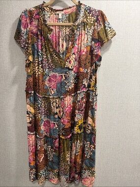 Lyrebird Boho Floral V-Neck Tiered Dress in Multi Color Size X-Large